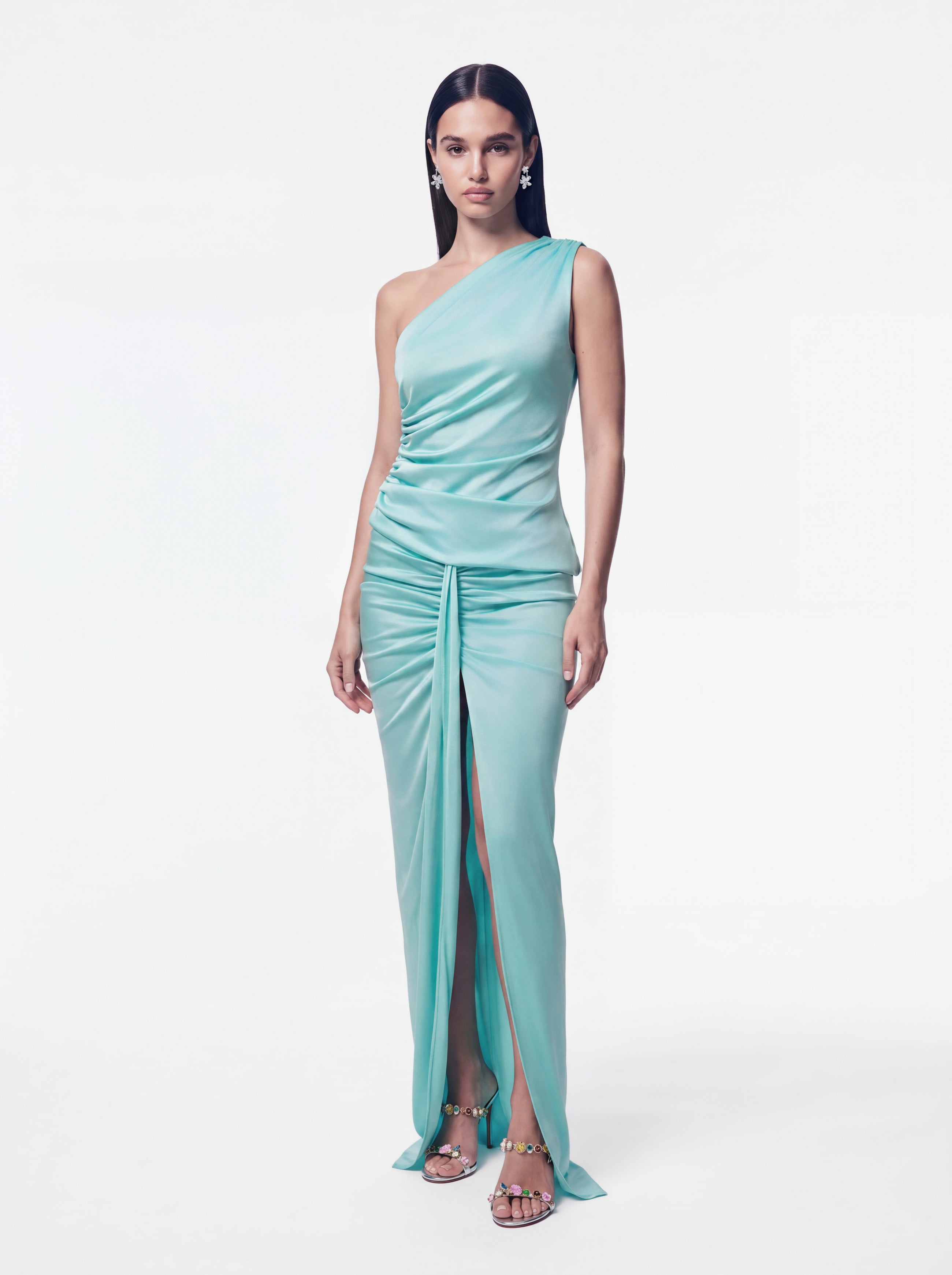 Drapowana spódnica maxi z rozcięciem w kolorze turkusowym
